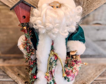 Vintage Kmart Santa, Birdhouse Staff, Floral Accents, 12" H