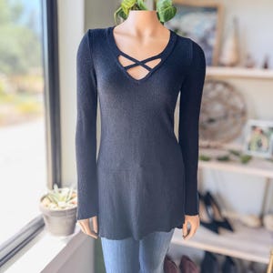 Free People Black Criss Cross Lightweight Tunic Sweater, Women's Size X-Small image 10