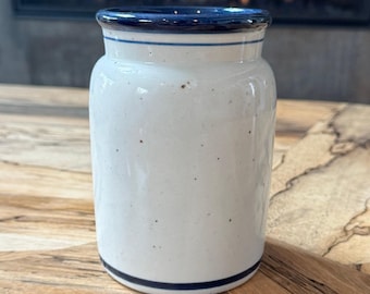 Vaso in gres blu vintage da 5,5 pollici, porta utensili in stile rustico primitivo.