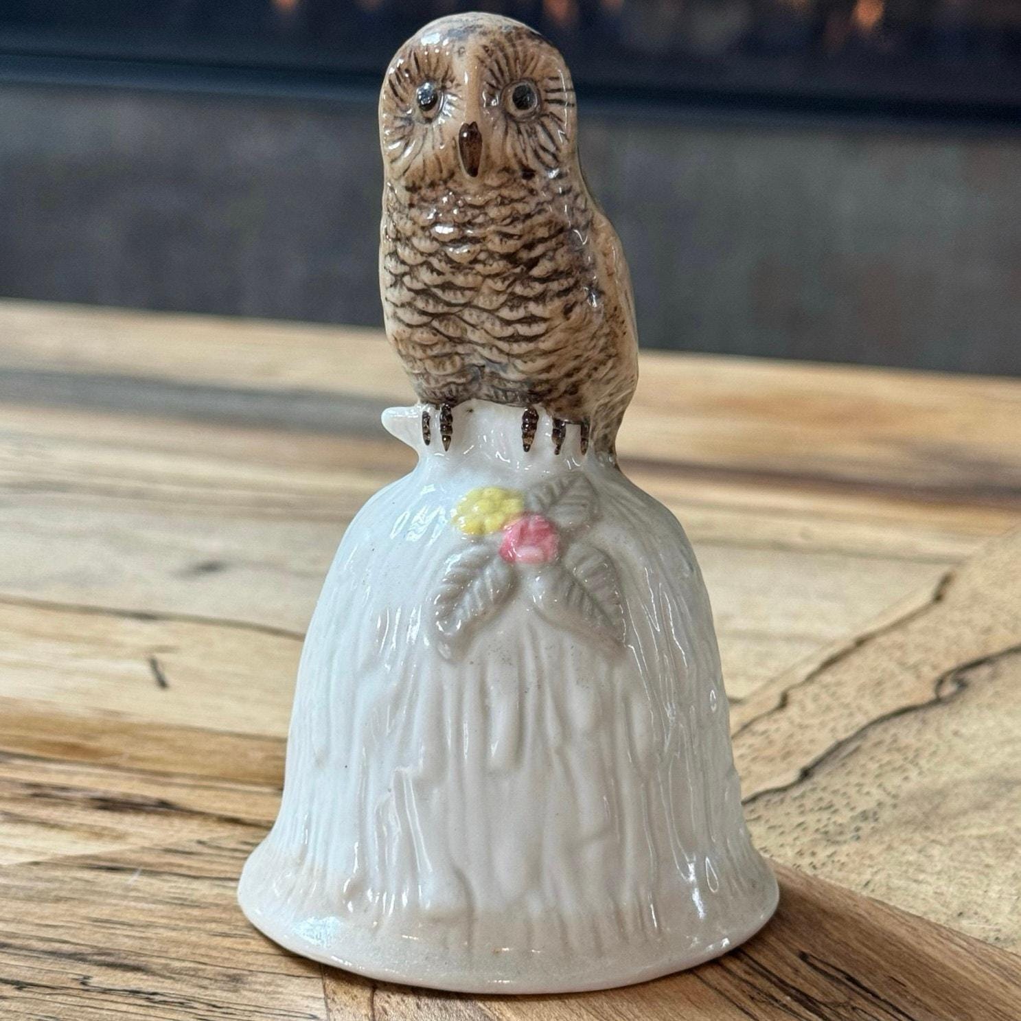 Vintage Ceramic Owl Dinner Bell 4.75" Porcelain Figurine Retro Home Decor