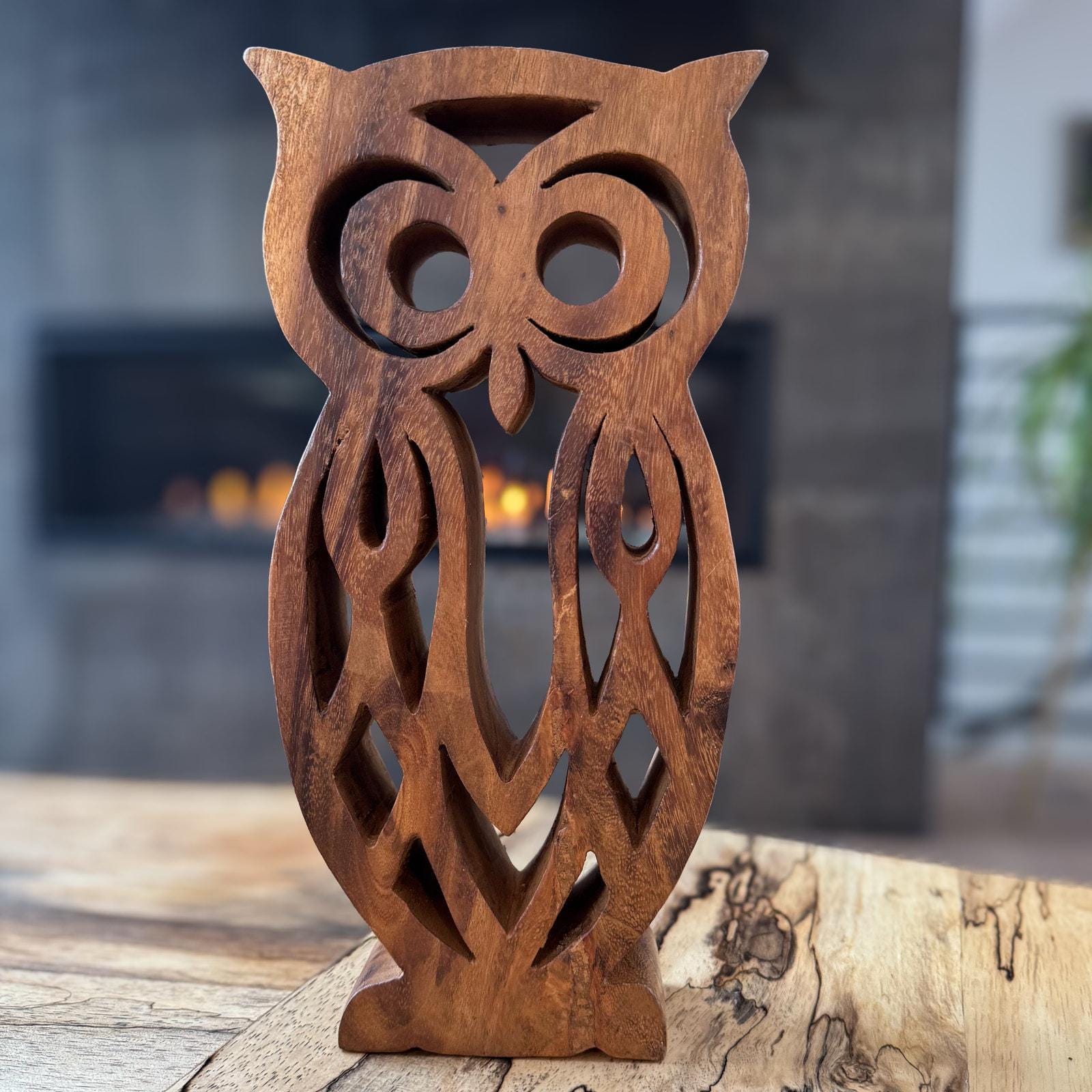 Hand-Carved Wood  Rustic Folk Owl Sculpture - 12" Openwork Decorative Figurine