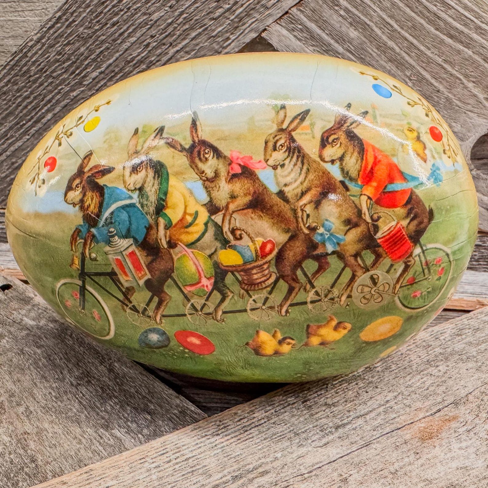 1940's Nestler, Made in Germany, Famous Easter Egg Bunnies on Bike w/ Chickens