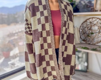 Veveret, Cozy Block Checkered Cream and Brown Oversized Cardigan, Women's Large