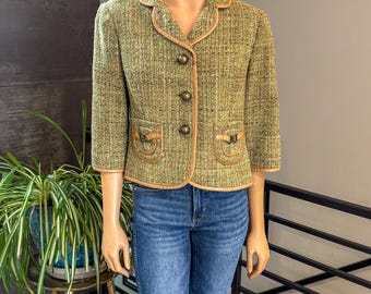 Vintage Cynthia Steffe Green Tweed Leather Piping 3/4 Sleeve Blazer Crop Large