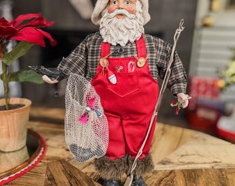 Vintage Fisherman Santa Tabletop Christmas Decor w/ Fish Rod and Net in Hand-19”