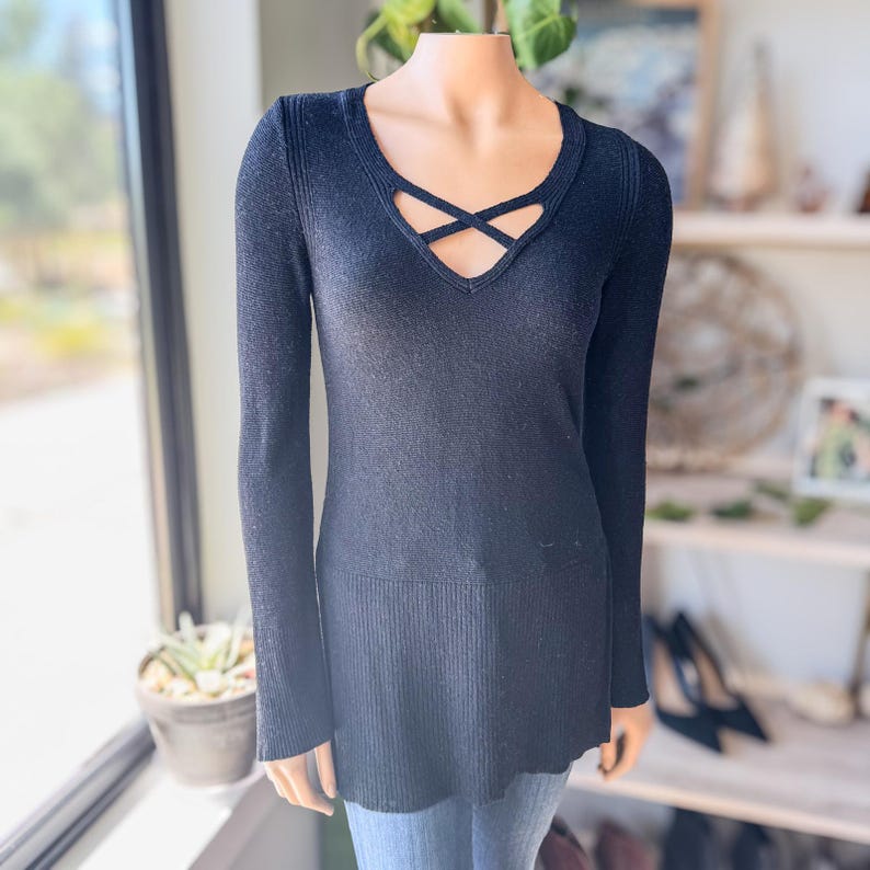 Free People Black Criss Cross Lightweight Tunic Sweater, Women's Size X-Small image 6
