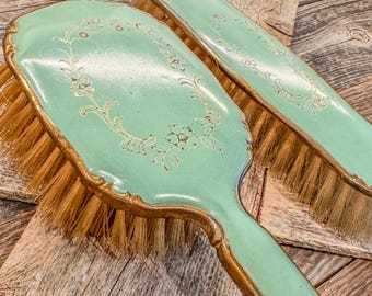 Antique Vanity Dressing Table Brush Set-Mint Green w/ Gold Trim-Delicate Floral