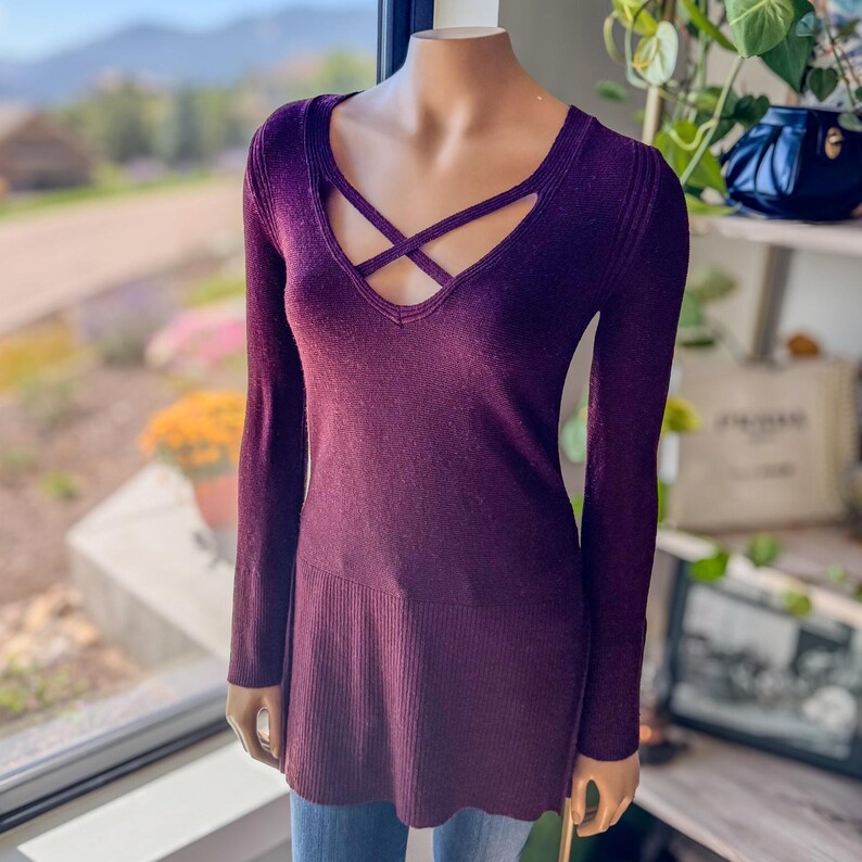 Free People Maroon Criss Cross Lightweight Tunic Sweater, Women's Size X-Small image 2