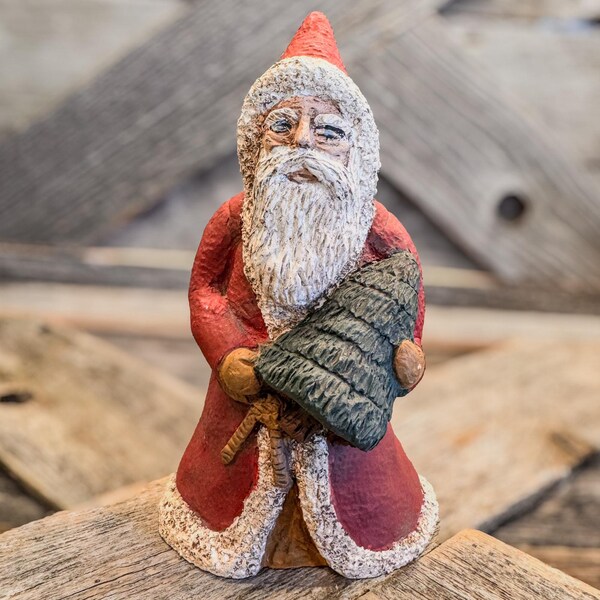 1988 Vintage Old World Santa Claus Figurine Holding Christmas Tree, 6”H, Rustic