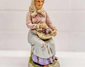 1960’s Vintage Homco Woman with Grapes Figurine, #1433, Farmyard Collection, 8”H
