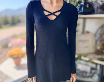 Free People Black Criss Cross Lightweight Tunic Sweater, Women's Size X-Small