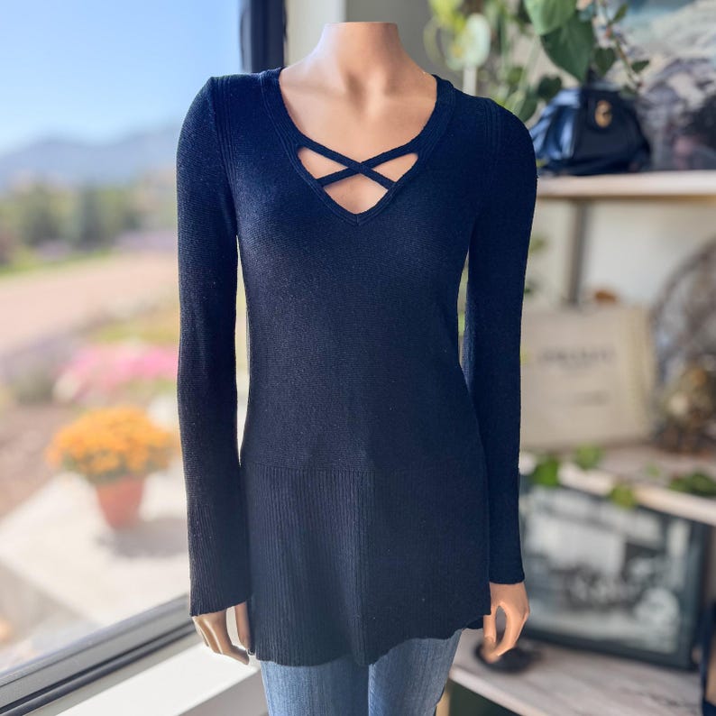 Free People Black Criss Cross Lightweight Tunic Sweater, Women's Size X-Small image 1
