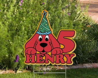 Letrero personalizado para jardín de cumpleaños de Clifford el Gran Perro Rojo, decoración de fiesta de cumpleaños con recorte de Clifford el Perro Rojo, fiesta de cumpleaños, accesorio de pie JCOB18