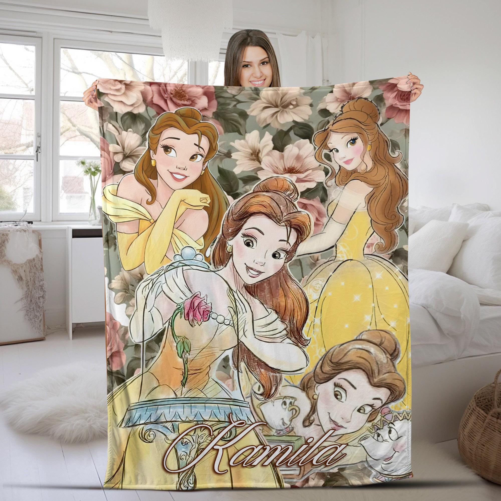 Discover Custom Disney Belle Princess Blanket, Disney Frame Coquette Bows Throw, Disneyland Birthday Girl, Belle Blanket, Beauty and Beast