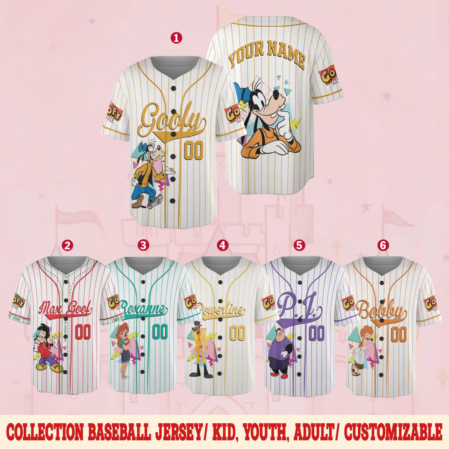 Discover Personalized Disney A Goofy Movie Baseball Jersey, 90s Goofy Max Goof Roxanne Kids Youth Adult Baseball Team, Powerline Stand Out Tour