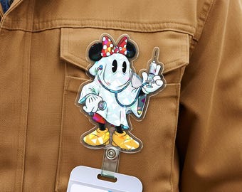 Disney Halloween Costume Minnie Mouse Badge Reel,Spooky Mickey Badge Holder, Gift For Nurse, Disney Fall Season Hologram Badge Reel JCQG03-2