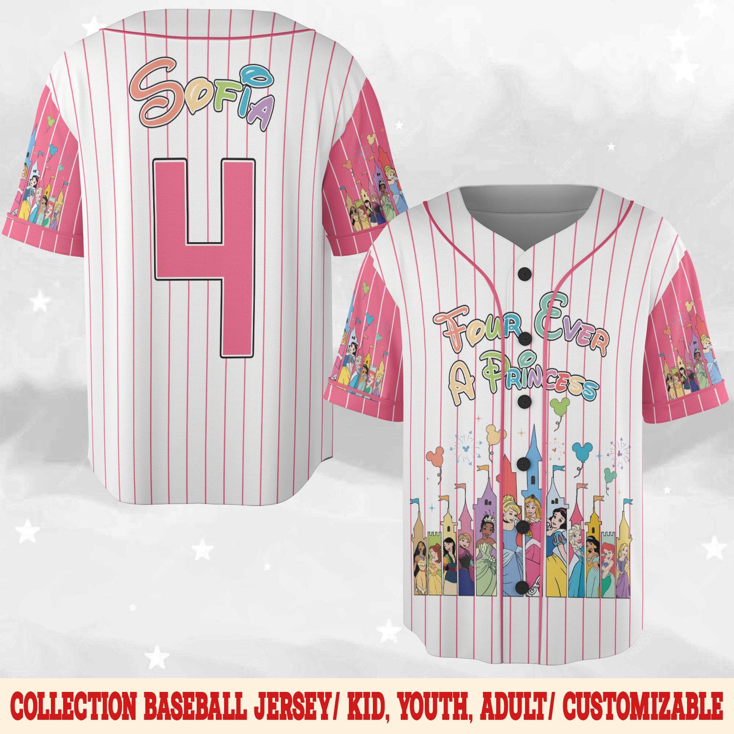 Discover Four Ever A Princess Baseball Jersey, Princess Birthday Jersey, Disney Princess, 4th Birthday Shirt, Magical Princess Party