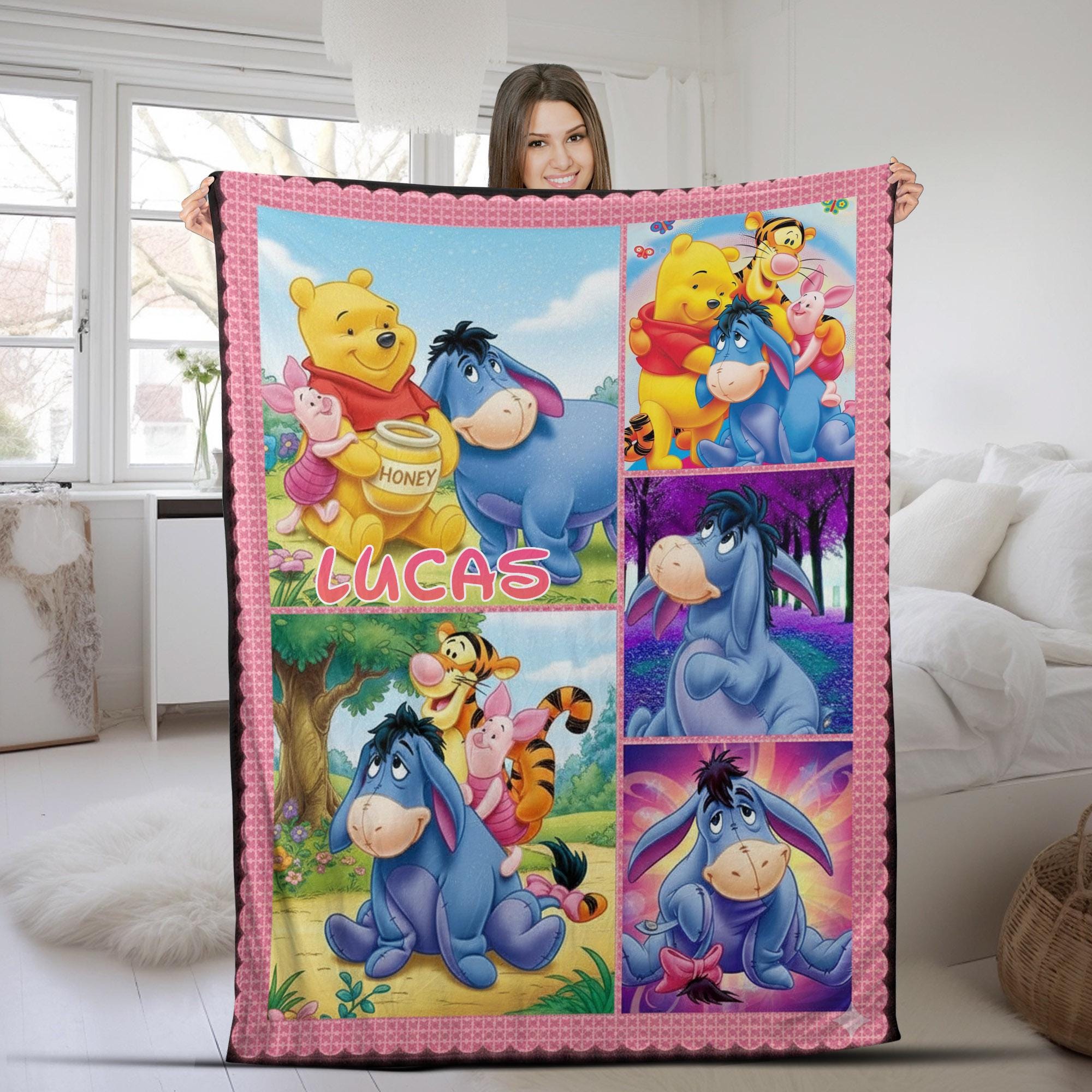 Discover Personalized Winnie the Pooh Blanket, Pooh bear Piglet Eeyore Tigger Roo Blanket, Birthday Girl Boy Banket