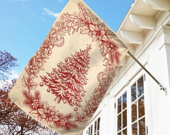Vintage Christmas Tree Porch Flag, Farmhouse Holiday Yard Decor Flag, Cottagecore Xmas Tree Garden Flag, Festive Outdoor Winter Flag G5PM24
