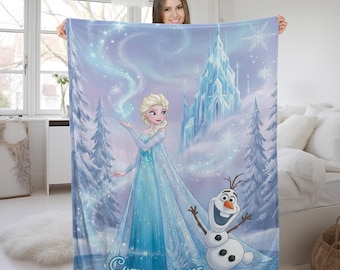 Personalized Disney Frozen Blanket, Custom Name Disney Blanket, Princess Elsa Blanket, Disney Birthday Girl Gift, Kids Disney Blanket G5SH21