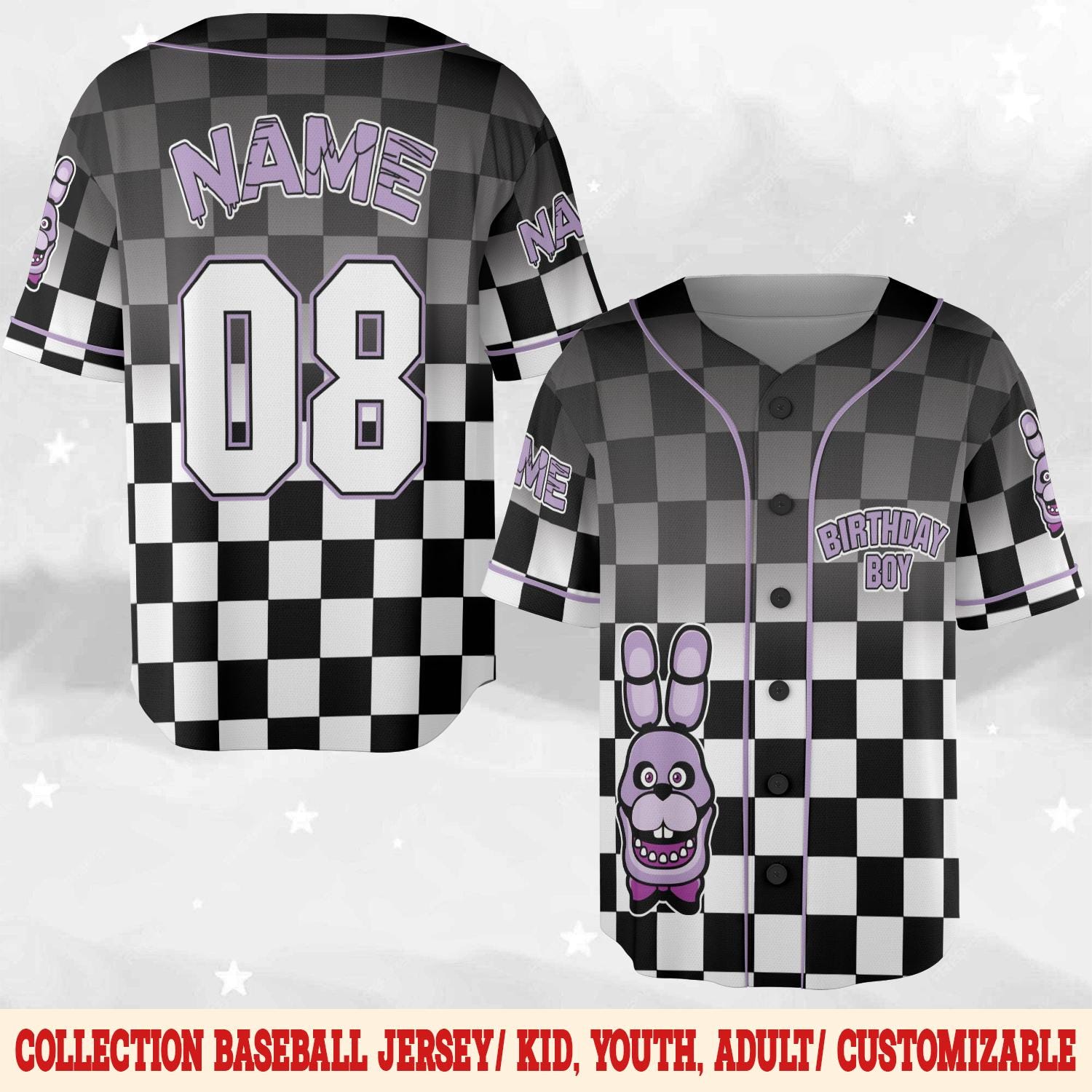Discover Bonnie FNAF Birthday Baseball Jersey, Personalized Name Age Five Nights at Freddy