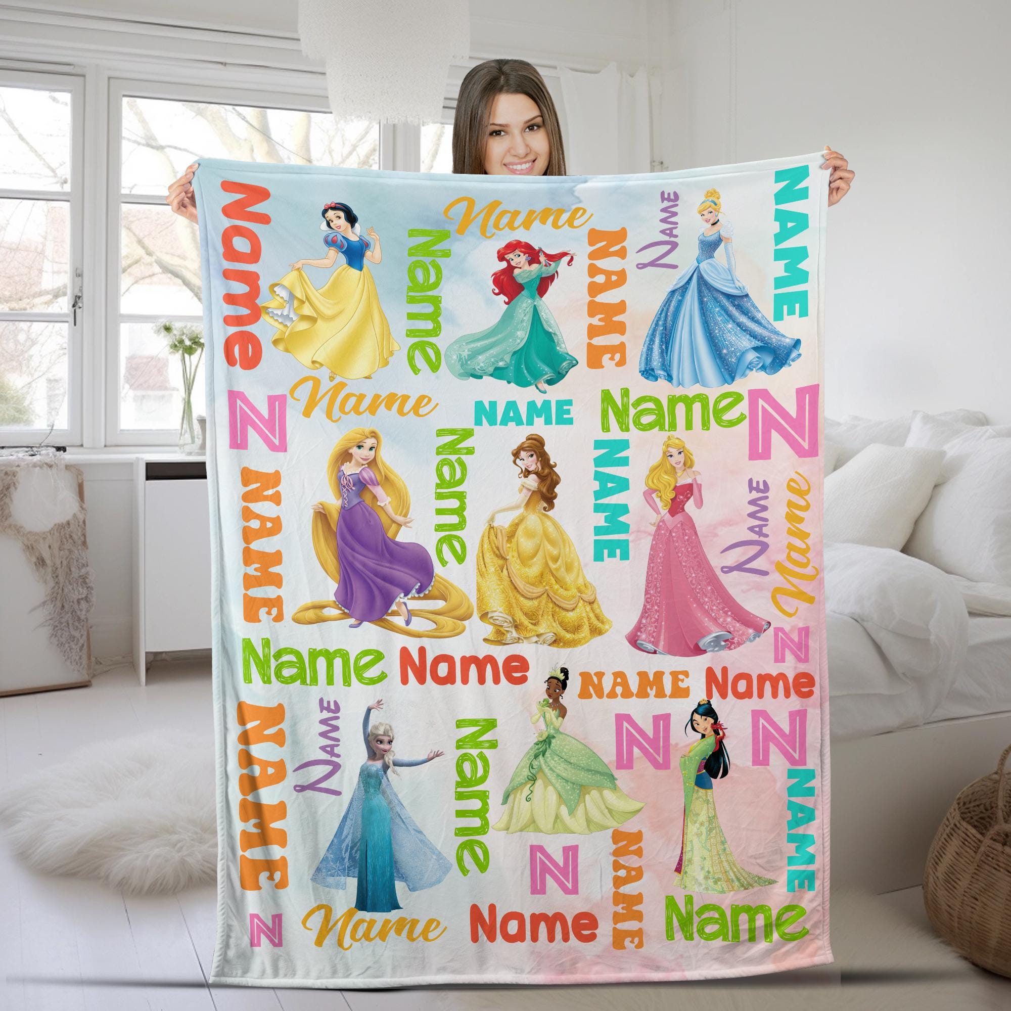 Discover Personalized Watercolor Princess Blanket, Custom Name Baby Girl Fleece Blanket, Princess Birthday Gift, Disney Princess Cozy Blanket