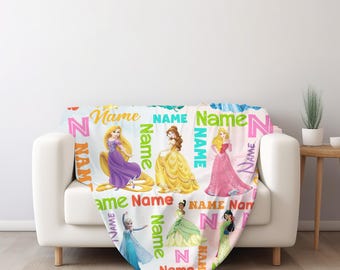 Personalized Watercolor Princess Blanket, Custom Name Baby Girl Fleece Blanket, Princess Birthday Gift, Disney Princess Cozy Blanket JBUF21