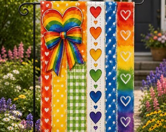 Rainbow Bow Heart Garden Flag, LGBT Pride Vertical Stripe Patchwork Yard Decor, Colorful Heart Outdoor Flag G4J609
