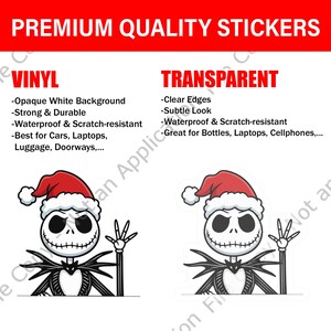 Op de afbeelding: Twee stickers met Jack Skellington uit The Nightmare Before Christmas met een kerstmuts. E&eacute;n sticker heeft een witte achtergrond, de andere is transparant. De tekst "PREMIUM QUALITY STICKERS" staat bovenaan.