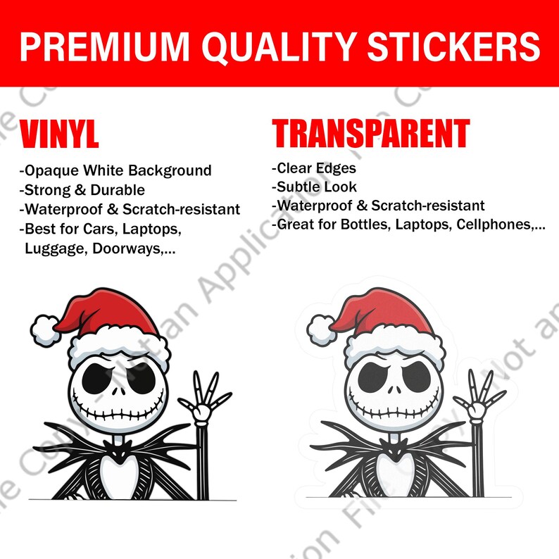 Op de afbeelding: Twee stickers met Jack Skellington uit The Nightmare Before Christmas met een kerstmuts. E&eacute;n sticker heeft een witte achtergrond, de andere is transparant. De tekst "PREMIUM QUALITY STICKERS" staat bovenaan.