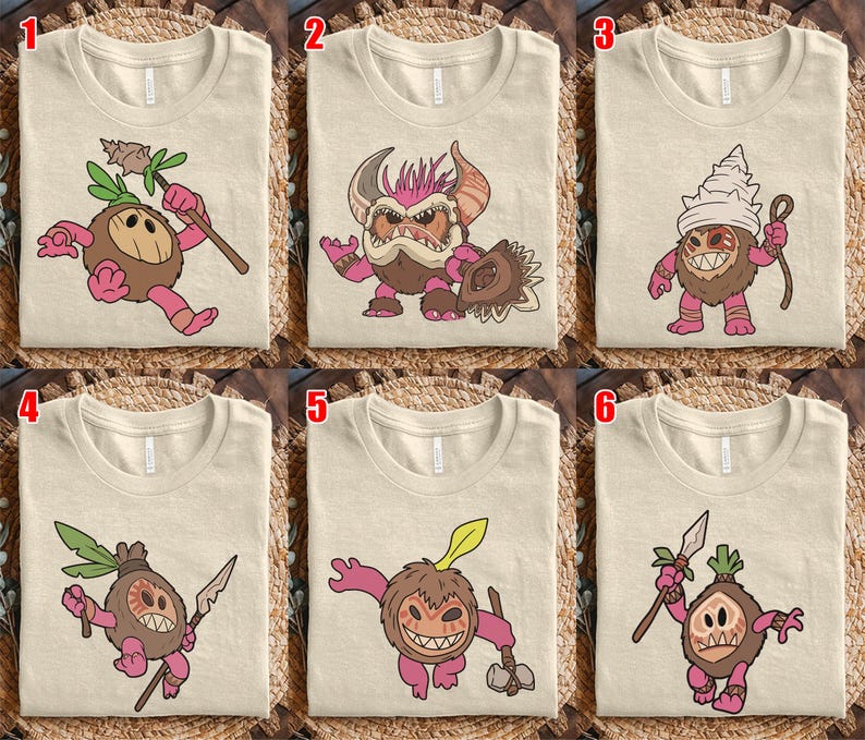 Puede incluir: Camisetas beige con varios dise&ntilde;os de personajes de dibujos animados. Cada camiseta presenta un personaje diferente con un cuerpo marr&oacute;n, extremidades rosas y un accesorio &uacute;nico, como una lanza o un escudo. Los personajes tienen caras expresivas.