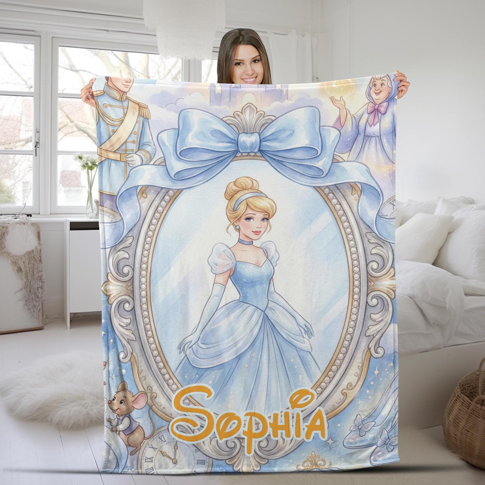 Discover Personalized Coquette Bows Disney Princess Cinde Blanket, WDW Disneyland Trip Blanket, Disney Princess Birthday Girl Blanket