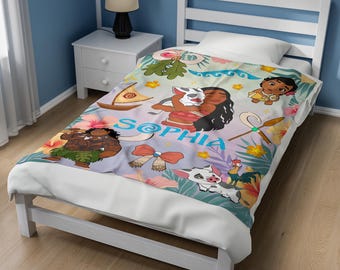 Personalized Moana Blanket, Baby Girl Princess Moana Birthday Boy Girl Gift, Maui Hei Hei Tamatoa Family Bedding Quilt C1H353