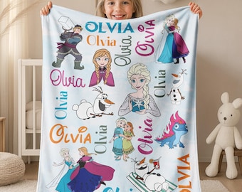 Personalized Disney Frozen Blanket, Custom Name Disney Blanket, Princess Elsa Blanket, Disney Birthday Girl Gift, Kids Disney Blanket C1J414