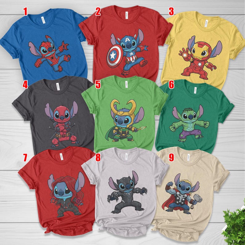 May include: A collection of nine short-sleeved t-shirts in various colors, each featuring a cartoon character in a superhero costume. The shirts are blue, red, yellow, gray, green, and tan. The designs include Spider-Man, Captain America, Iron Man, Deadpool, Loki, Hulk, Black Widow, Black Panther, and Thor.
