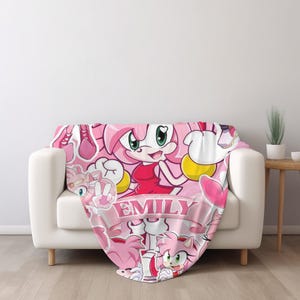 Custom Amy The Hedgehog Blanket, Personalized Sonic Hedgehog Minky Sherpa Blanket, Custom Name Cartoon Blanket, Birthday Gift NGUJ14