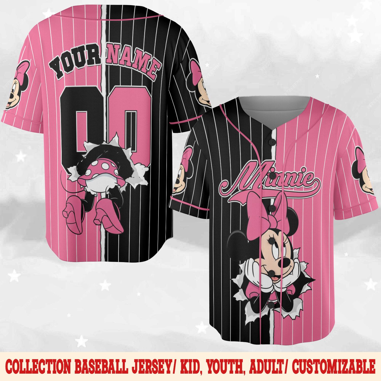 Discover Personalized Funny Disney Baseball Jersey, Minnie Crashing Wall Family Trip Tee