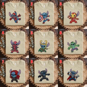 May include: A collection of nine beige t-shirts, each featuring a different cartoon character in a superhero costume. The characters include Spider-Man, Captain America, Iron Man, Deadpool, Loki, Hulk, Black Widow, Black Panther, and Thor.