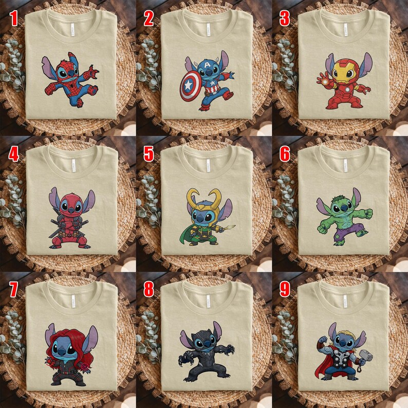 May include: A collection of nine beige t-shirts, each featuring a different cartoon character in a superhero costume. The characters include Spider-Man, Captain America, Iron Man, Deadpool, Loki, Hulk, Black Widow, Black Panther, and Thor.