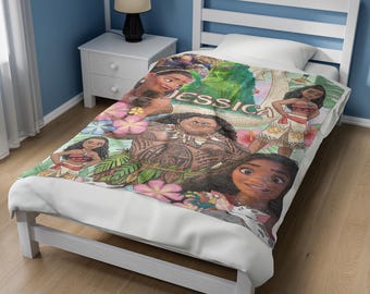 Personalized Watercolor Disney Moana Blanket, Baby Princess Moana Birthday Girl Gift, WDW Disneyland Maui Hei Hei Family Decor C1HA25