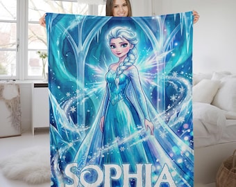 Personalized Disney Frozen Blanket, Custom Name Disney Blanket, Princess Elsa Blanket, Disney Birthday Girl Gift, Kids Disney Blanket G5Q523