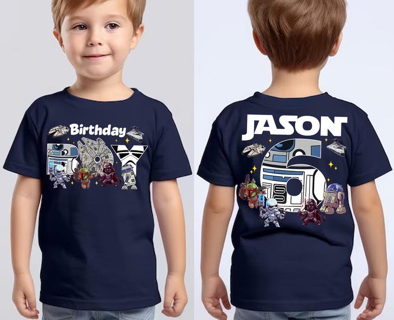 May include: Navy blue t-shirt with a Star Wars theme. The front features the word "Birthday" and "BOY" with Star Wars characters. The back of the shirt has the name "JASON" and a large "6" with Star Wars characters.