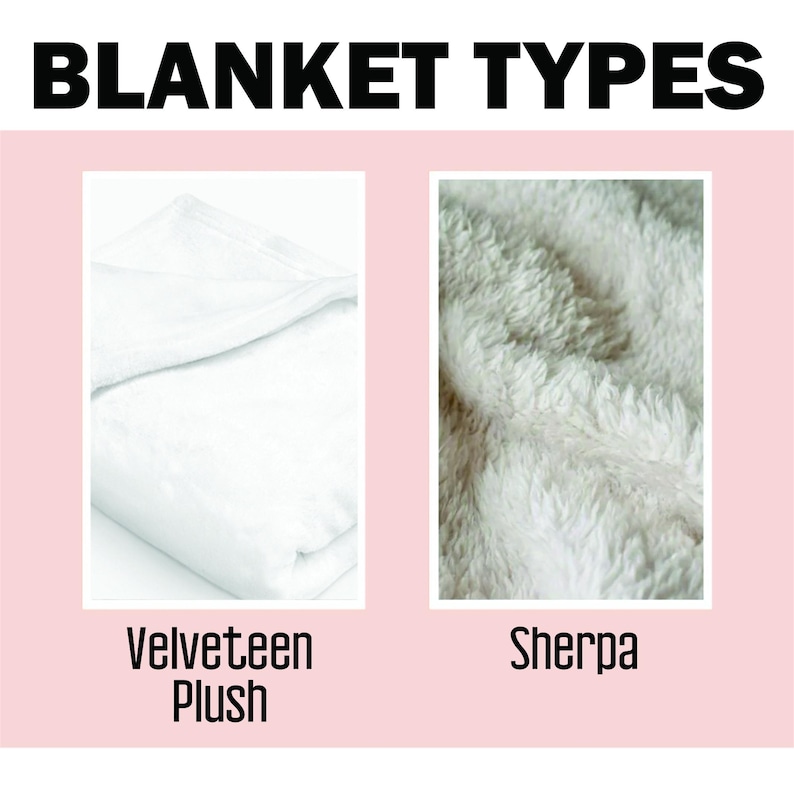 Pu&ograve; includere: Immagine che mostra due tipi di coperte. A sinistra, una coperta Velveteen Plush bianca piegata. A destra, un primo piano di una coperta Sherpa bianca. Il testo "BLANKET TYPES" &egrave; nella parte superiore dell'immagine.