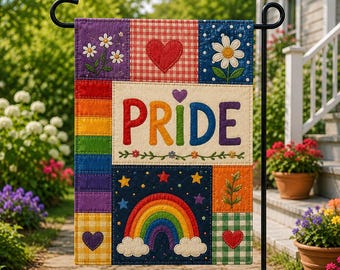 Pride Rainbow Patchwork Garden Flag, LGBT Quilt Style Yard Decor, Colorful Heart Floral Outdoor Garden Flag G4J608