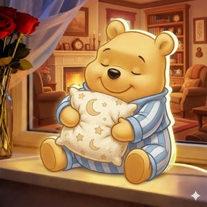 May include: A cartoon illustration of Winnie the Pooh in blue and white striped pajamas, holding a pillow with moon and star designs. The bear is smiling with closed eyes, suggesting sleep. The background shows a cozy room with a fireplace and bookshelves.