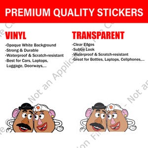 May include: Image features two sticker options: vinyl and transparent. Vinyl stickers have an opaque white background, are strong, durable, waterproof, and scratch-resistant, suitable for cars, laptops, and luggage. Transparent stickers have clear edges, a subtle look, and are waterproof and scratch-resistant, great for bottles and cellphones.