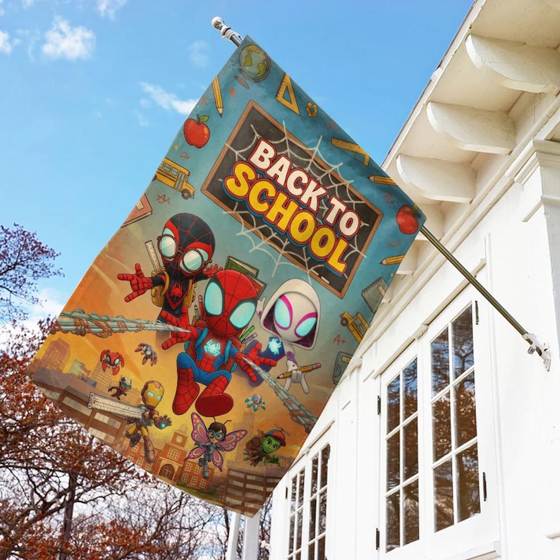 May include: A rectangular flag with a "Back to School" theme, showcasing cartoon Spider-Man characters. The flag has a blue backdrop with school-related illustrations and the text "Back to School" in yellow and orange.