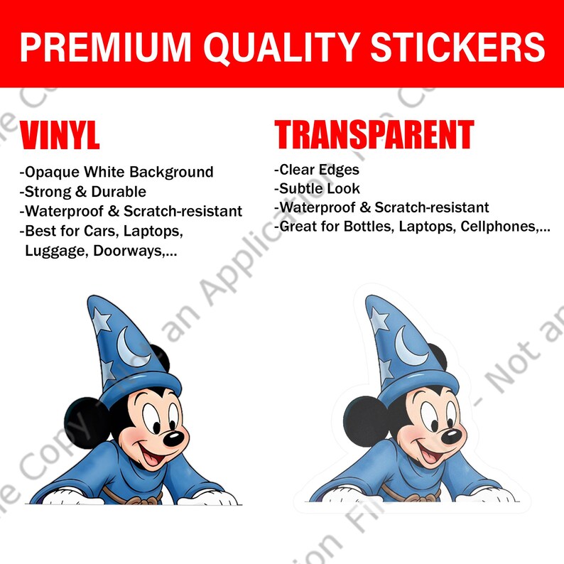 Puede incluir: Dos pegatinas con Mickey Mouse con un atuendo de mago azul. Una pegatina tiene fondo blanco, la otra es transparente. El texto en la parte superior dice "PREMIUM QUALITY STICKERS".