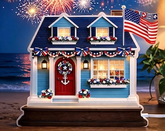 American House Acrylic Night Light With Fireworks, LED Light Box Decor, Patriotic Home Decoration, USA Gift Idea,2D Printed Effect G4J408