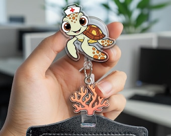 Squirt Crush Badge Reel, Disney Nurse/Teacher ID Badge, Finding Nemo Hologram Acrylic Gift For Nurse, Disney Badge Reel Gift For kid NGXI11